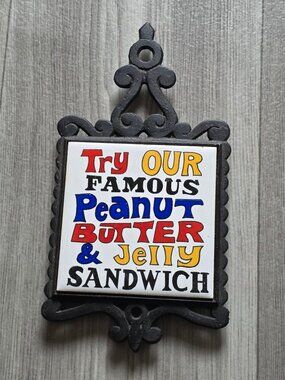 Cast Iron Wall Plaque "Try Our Famous Peanut Butter & Jelly Sandwich" Vintage